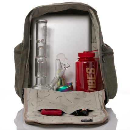sativa adventurer backpack he-012 green on white background with front pocket open