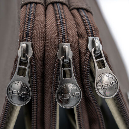 Sativa triple flip hemp pouch aka the percy on white background - dark brown zippers