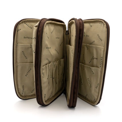 Sativa triple flip hemp pouch aka the percy on white background - dartk brown open