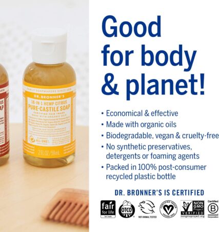 Dr. Bronner's organic castile soap citrus 59ml with words good for body & planet