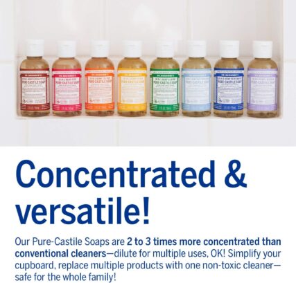 Dr. Bronner's organic castile soap 59ml range of scents with words concentrated and versatile