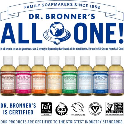 Dr. Bronner's organic castile soap 59ml range of scents with words all one