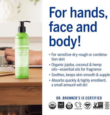 Dr. Bronner's Organic Hand and Body Lotion Patchouli Lime 237ml and infographic with words For Hands, face and body!
