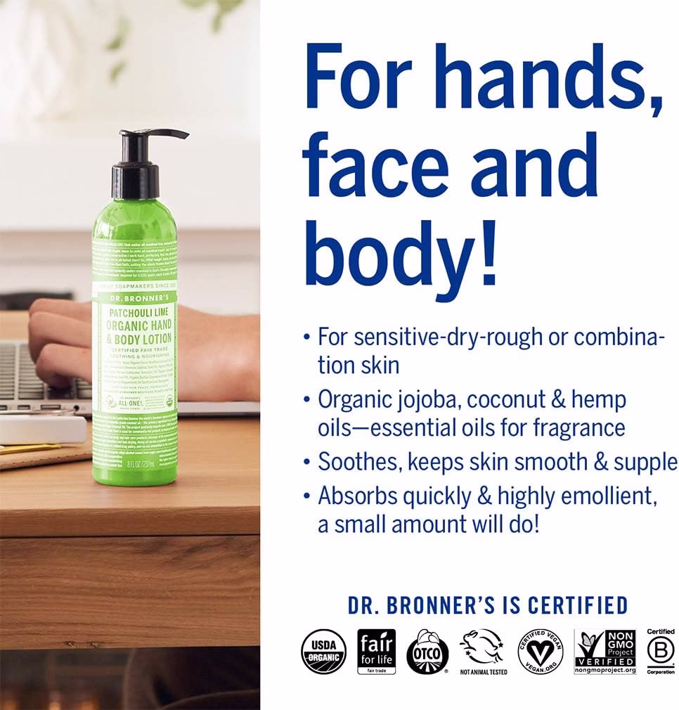 Dr. Bronner's Organic Hand and Body Lotion Patchouli Lime 237ml and infographic with words For Hands, face and body!