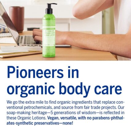 Dr. Bronner's Organic Hand and Body Lotion Patchouli Lime 237ml and infographic with words Pioneers in organic body care