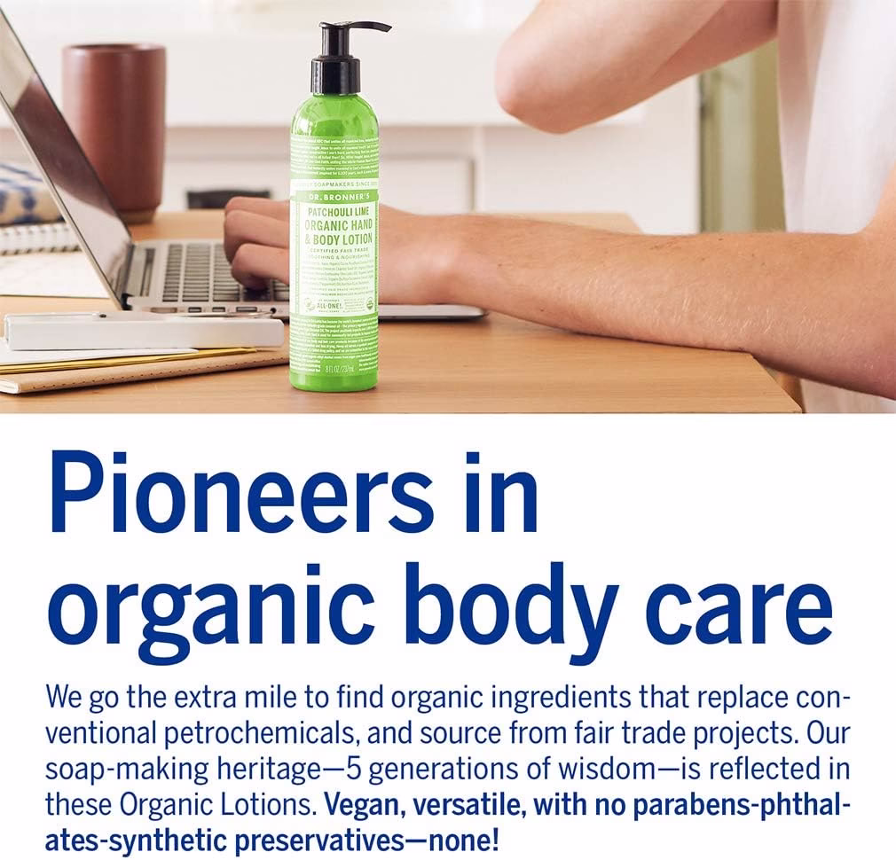 Dr. Bronner's Organic Hand and Body Lotion Patchouli Lime 237ml and infographic with words Pioneers in organic body care