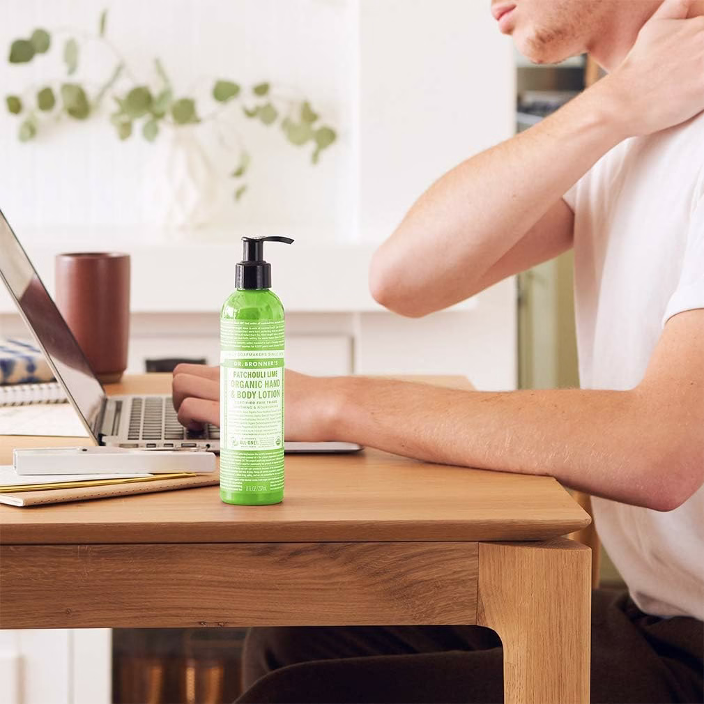 Dr. Bronner's Organic Hand and Body Lotion Patchouli Lime 237ml on work table