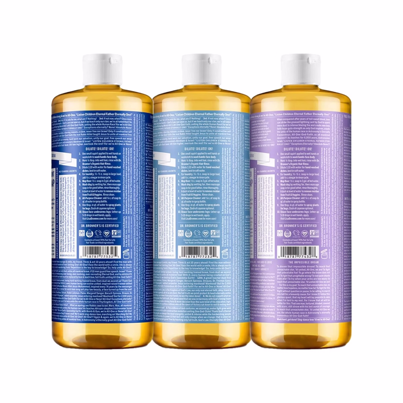 The rear of Three bottles of dr. bronner's catile soap 937ml - Lavender, baby unsceted & Peppermint