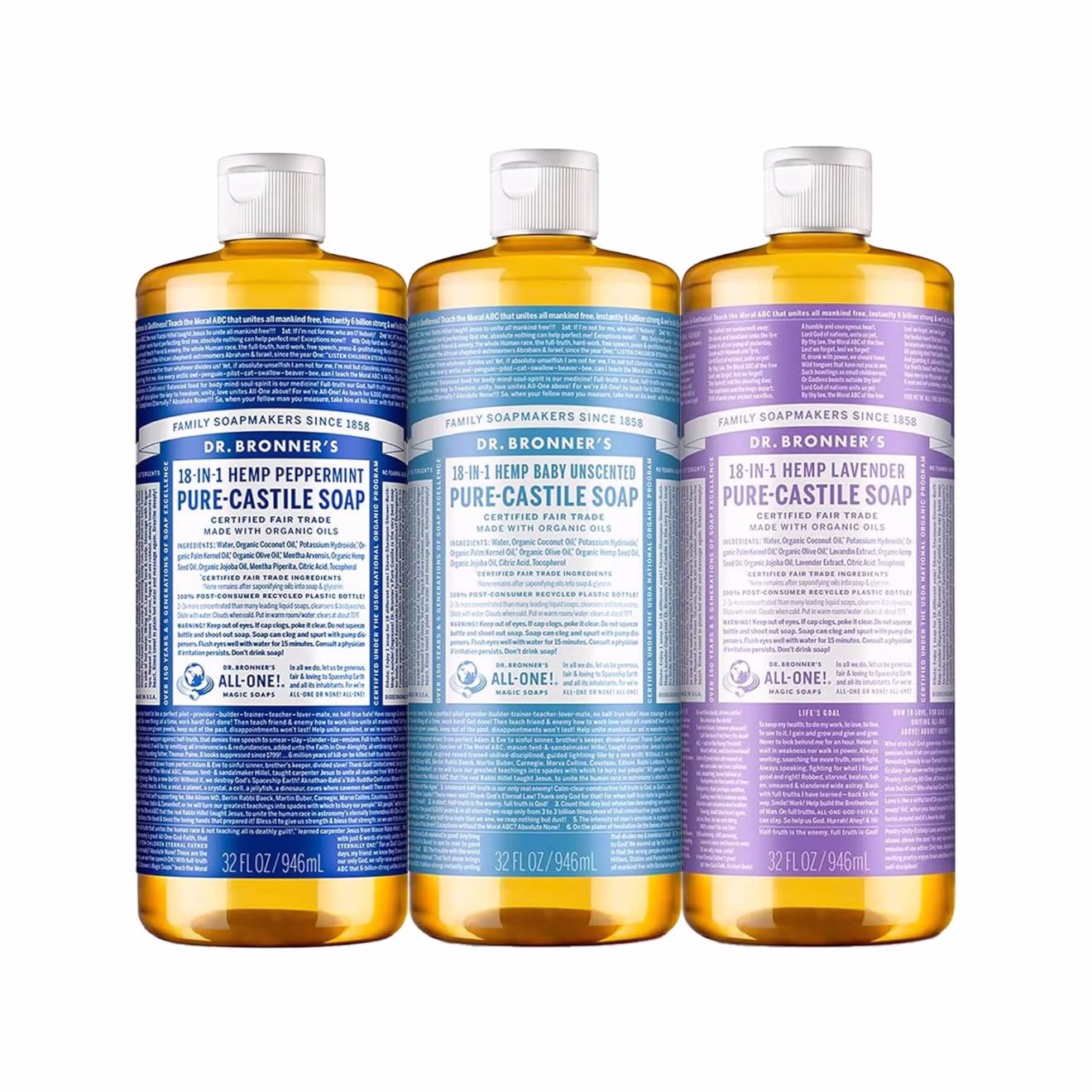 three bottles of dr. bronner's catile soap 937ml - Lavender, baby unsceted & Peppermint