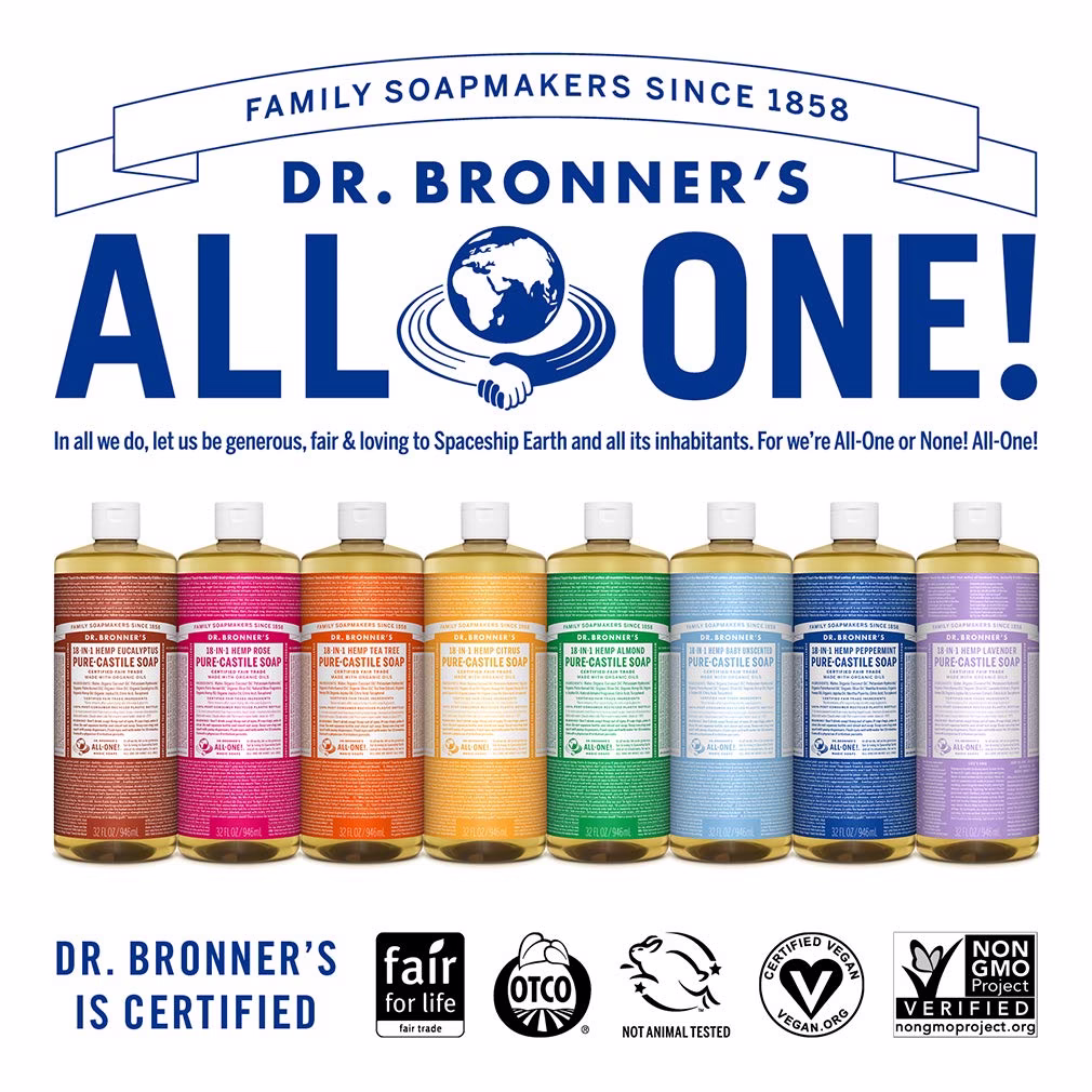 Dr. Bronner's 937ml Castile soap range all one