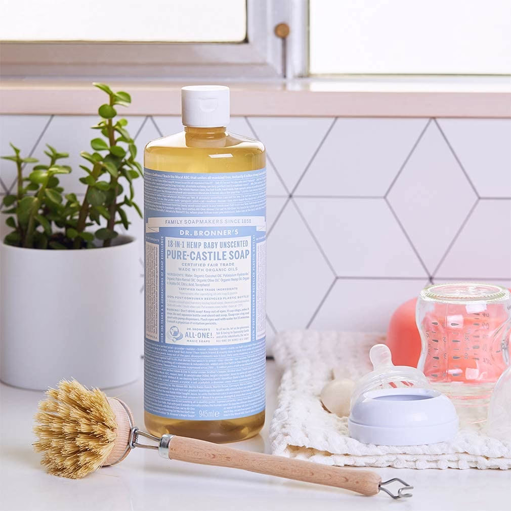 Dr. Bronner's baby unscented castile soap 937ml in bathroom setting