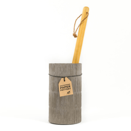 Ecomax paper pottery toilet brush holder with tag saying waterproof paper pottery, on white background.