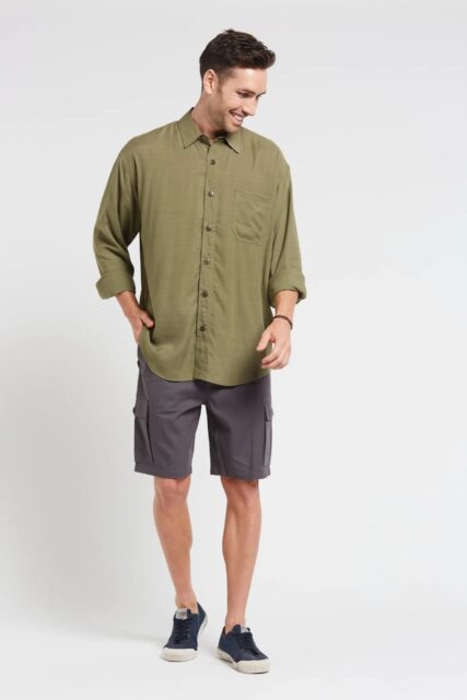 Man wearing braintree Mens Hemp Rayon long sleeve shirt khaki.