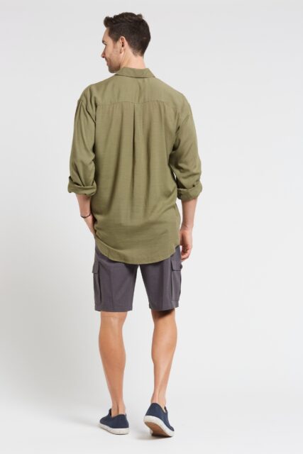 Man wearing braintree Mens Hemp Rayon long sleeve shirt khaki. picture of his back