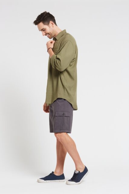 Man wearing braintree Mens Hemp Rayon long sleeve shirt khaki. Side picture