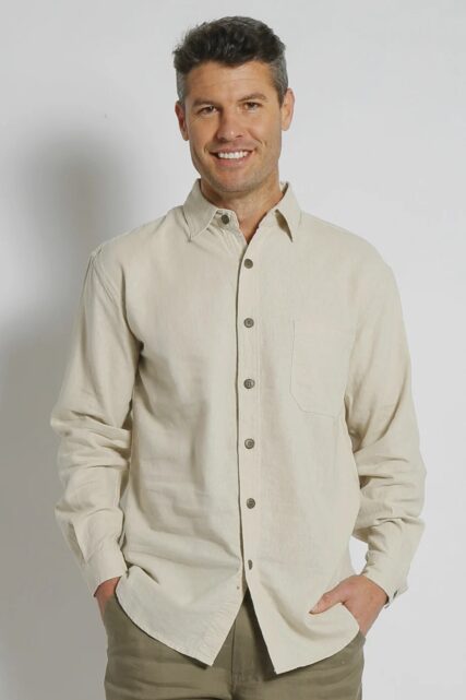 Man wearing braintree Mens Hemp Rayon long sleeve shirt bone.