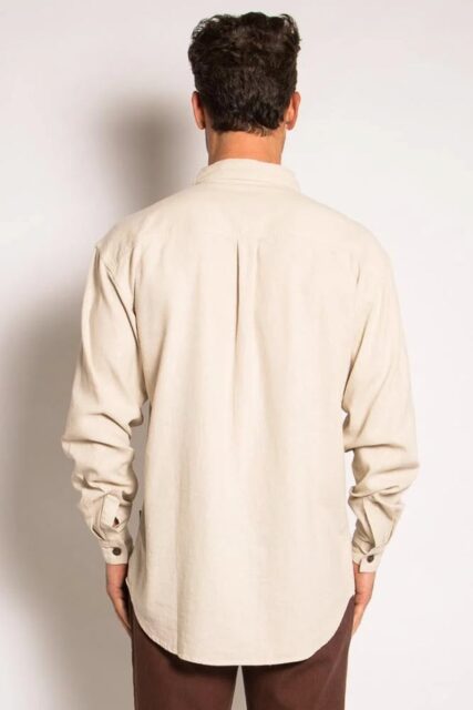 Man wearing braintree Mens Hemp Rayon long sleeve shirt bone.