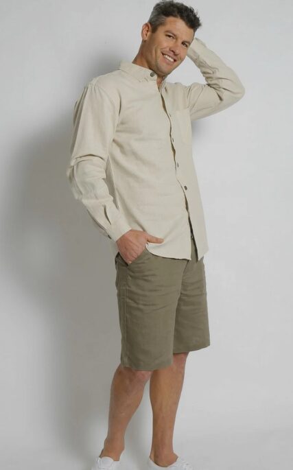 Man wearing braintree Mens Hemp Rayon long sleeve shirt bone.