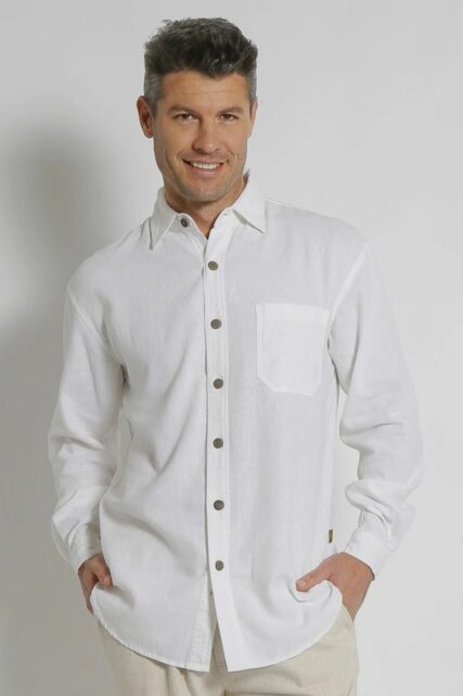 Man wearing braintree Mens Hemp Rayon long sleeve shirt white.