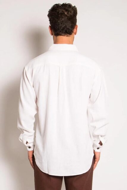 Man wearing braintree Mens Hemp Rayon long sleeve shirt white.