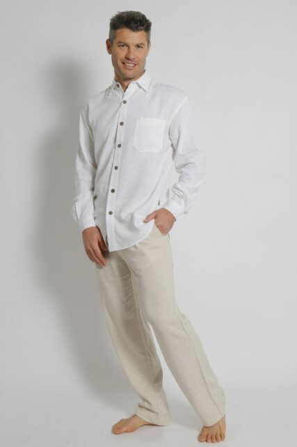 Man wearing braintree Mens Hemp Rayon long sleeve shirt white.