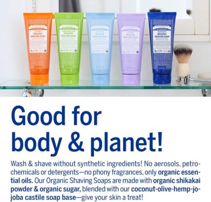 Dr. Bronner's organic shaving soap peppermint with words good for the body & planet