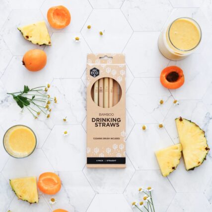 Ever eco bamboo drinking straws in packaging on bench with food