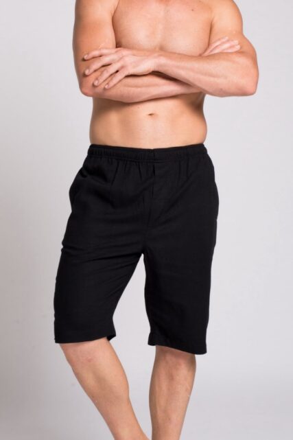 Braintree mens hemp bamboo elastic waist shorts black on man with white background