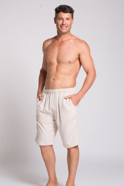 Braintree mens hemp bamboo elastic waist shorts natural on man with white background side angle
