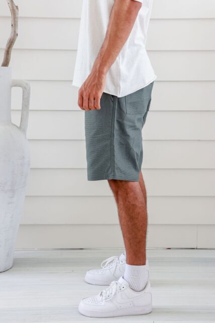 Braintree Mens Premium Hemp Elastic Shorts on man Khaki