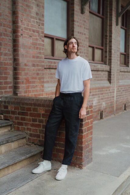 Hemp clothing Australia Heritage pants on male model