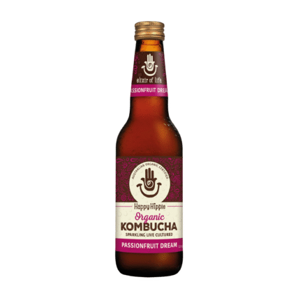 Happy Hippie kombucha bottle on white background - passionfruit Flavour