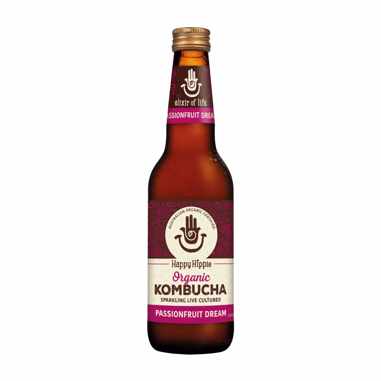 Happy Hippie kombucha bottle on white background - passionfruit Flavour