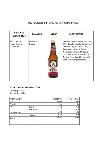 Happy Hippie kombucha bottle with nutritional information - Passionfruit
