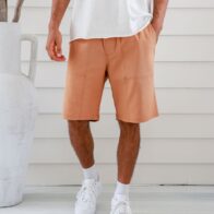 Braintree Mens Premium Hemp Elastic Shorts on man Almond