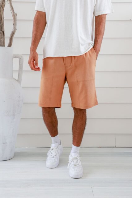 Braintree Mens Premium Hemp Elastic Shorts on man Almond
