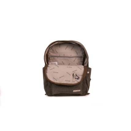Sativa small hemp backpack Khaki on white background. Bag open