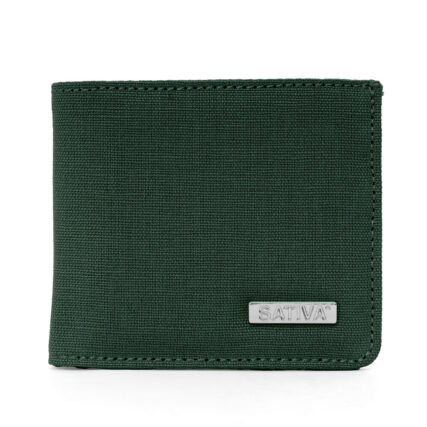 Sativa Slim hemp flat wallet on white background - dark green colour