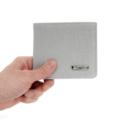 Sativa Slim hemp flat wallet on white background - Light Grey being held in hand