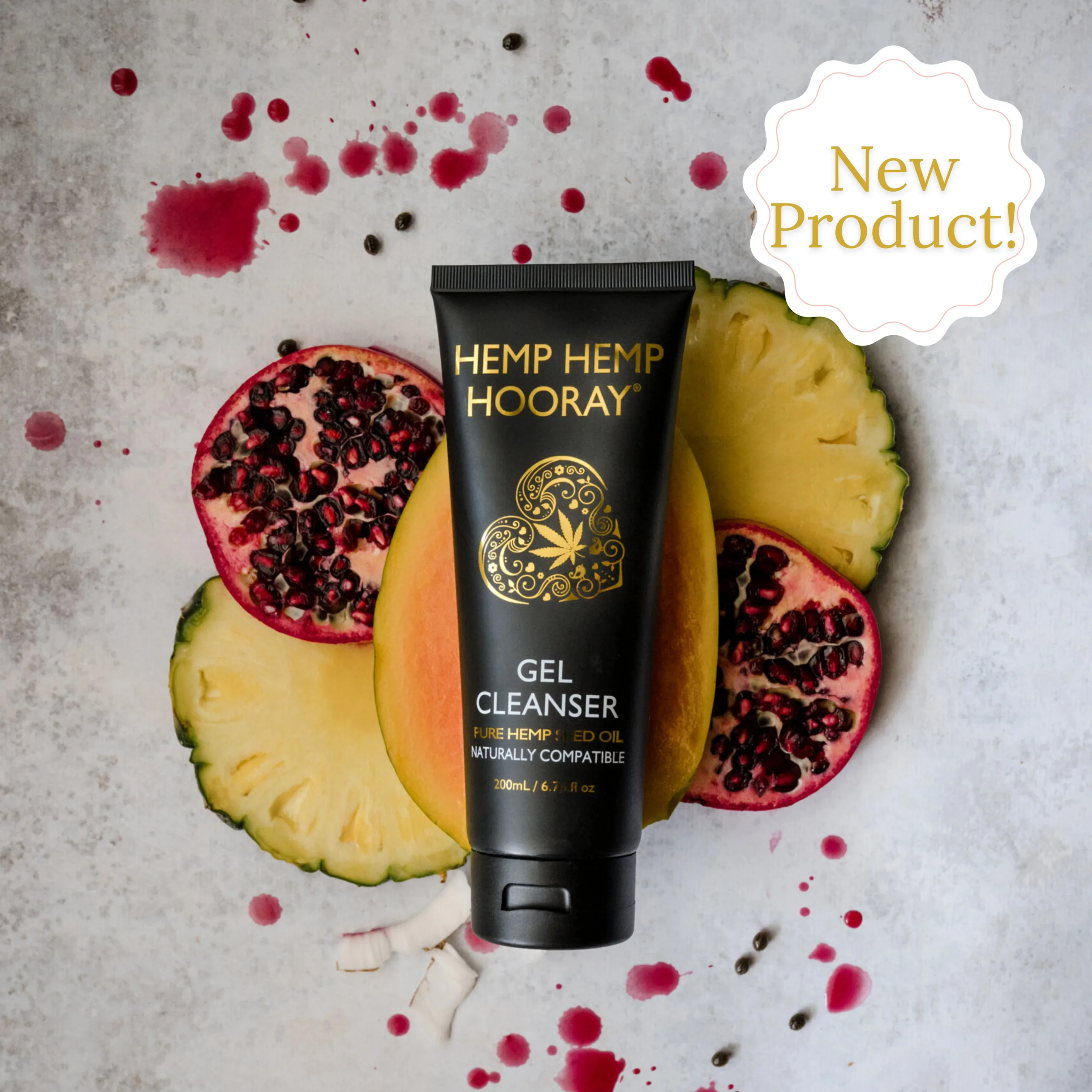 Hemp Hemp Hooray non-toxic gel cleanser displayed on a modern bathroom counter