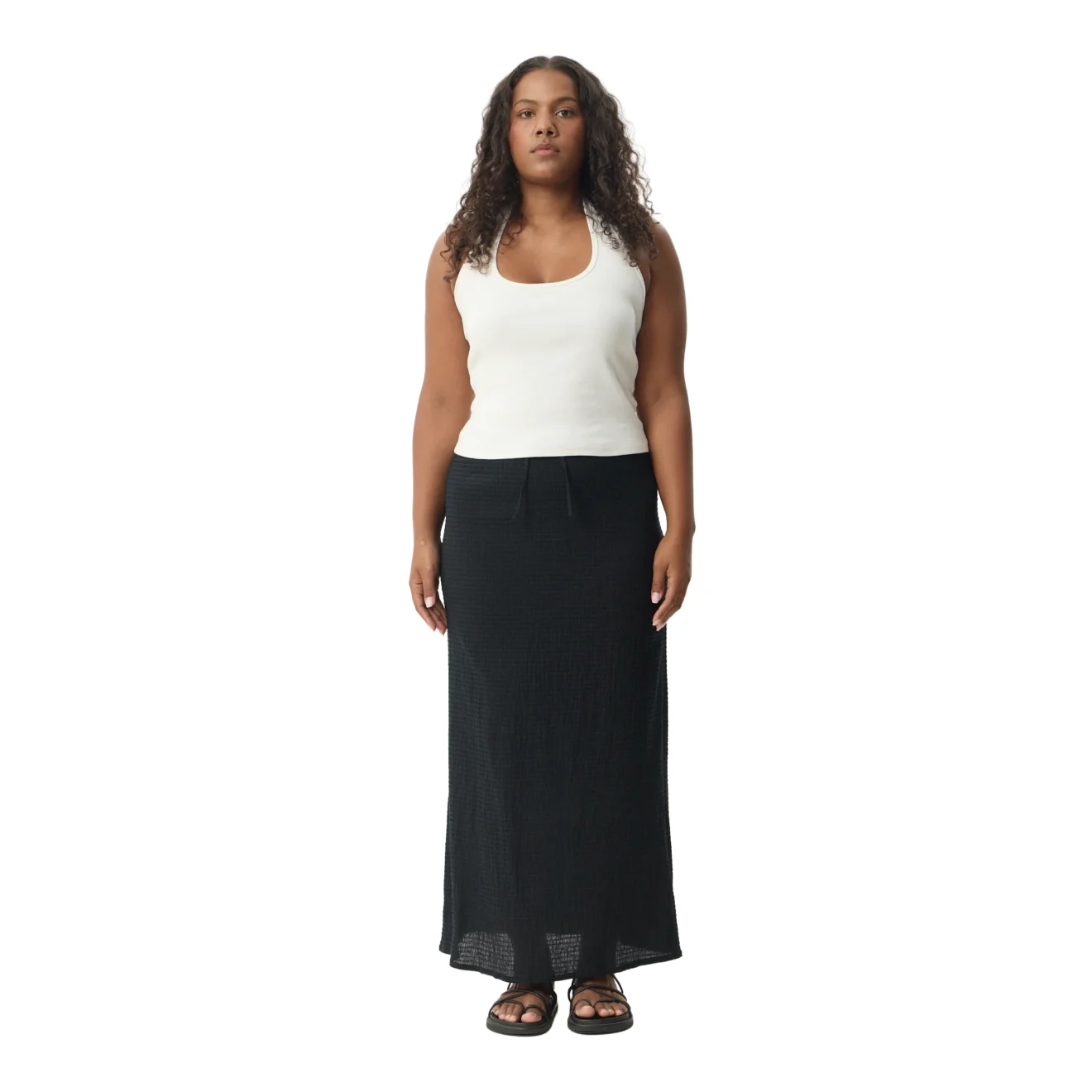 Afends Focus Hemp seersucker maxi skirt on clean white background front view