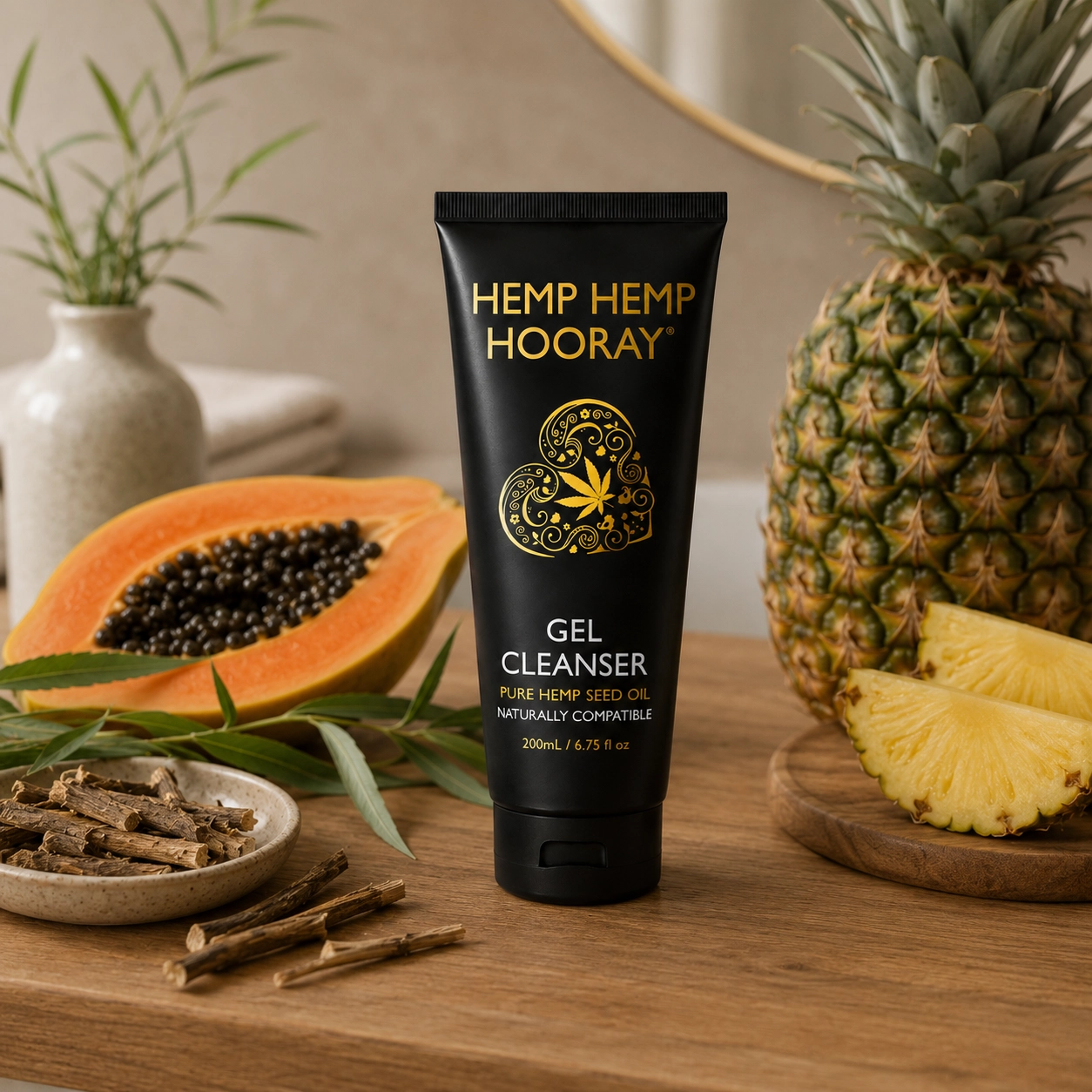 Hemp Hemp Hooray non-toxic gel cleanser displayed on a modern bathroom counter