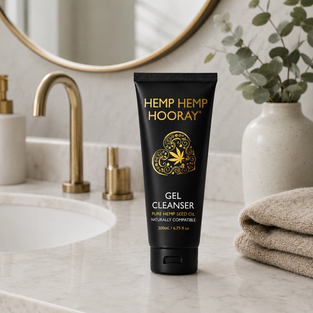 Hemp Hemp Hooray non-toxic gel cleanser displayed on a modern bathroom counter