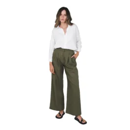 Front view of Olive Hemp tailored pants with wide-leg natural fibre design