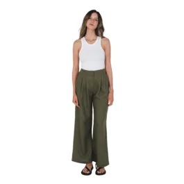 Front view of Olive Hemp tailored pants with wide-leg natural fibre design