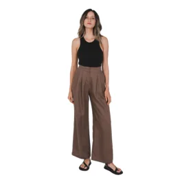 Front view of pinecone Hemp tailored pants with wide-leg natural fibre design