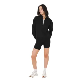 Front view of women’s black Hemp quarter zip brushed fleece sweatshirt