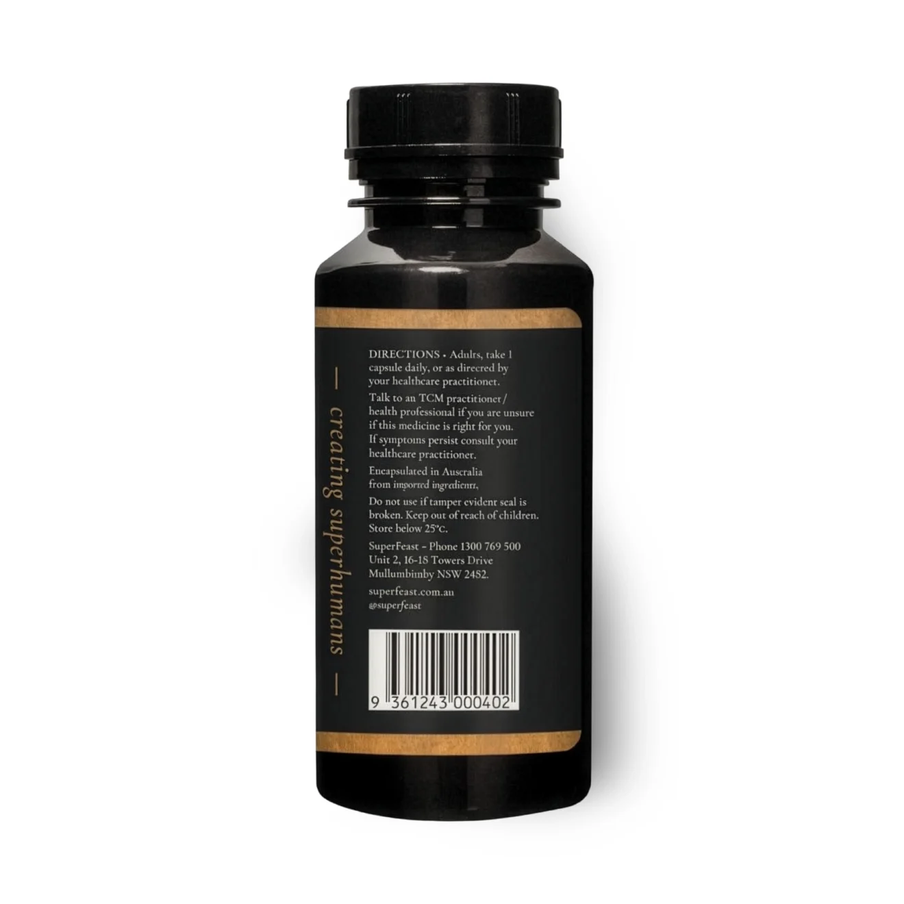 Side angle of Superfeast vegan reishi mushroom capsules for immune support