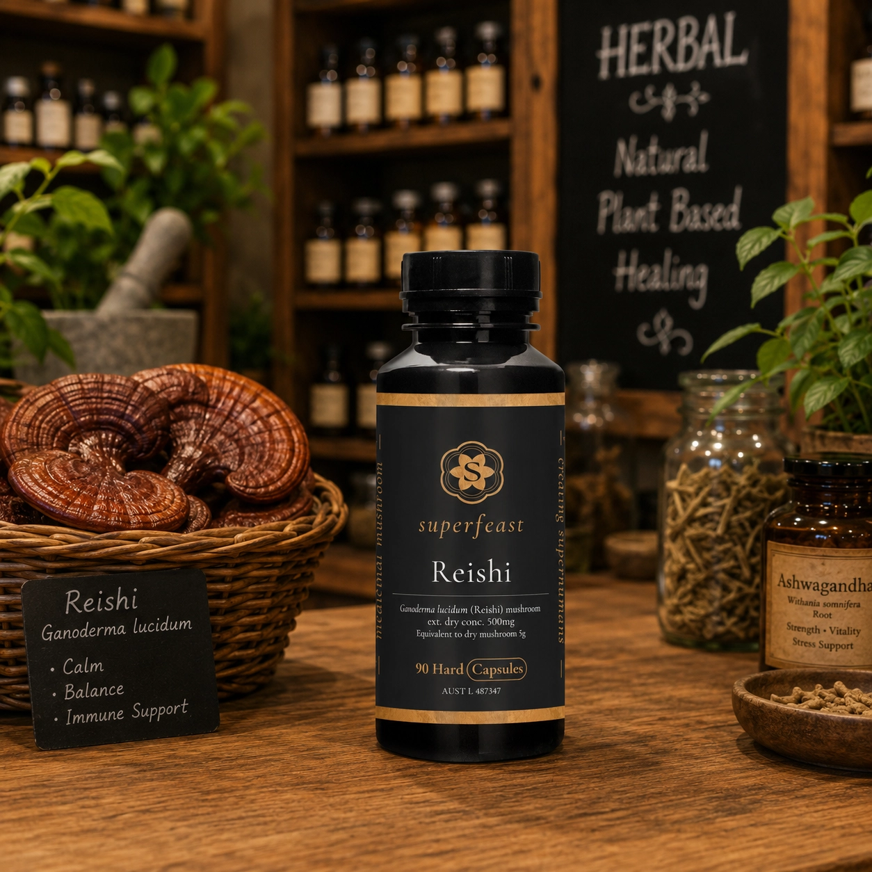 Superfeast reishi capsules displayed in a natural wellness daily routine setting