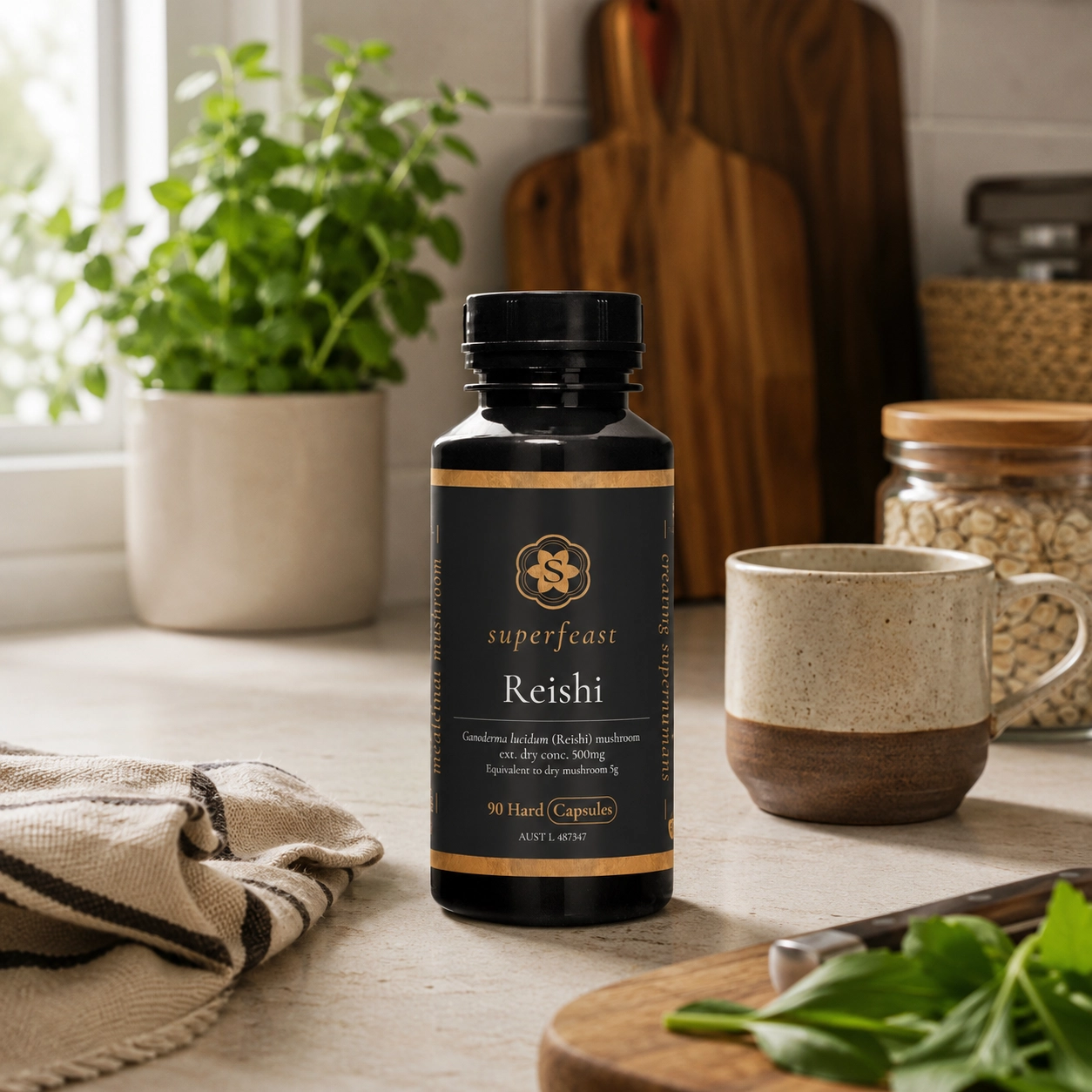 Non-toxic Superfeast mushroom capsules styled in a calming wellness lifestyle scene
